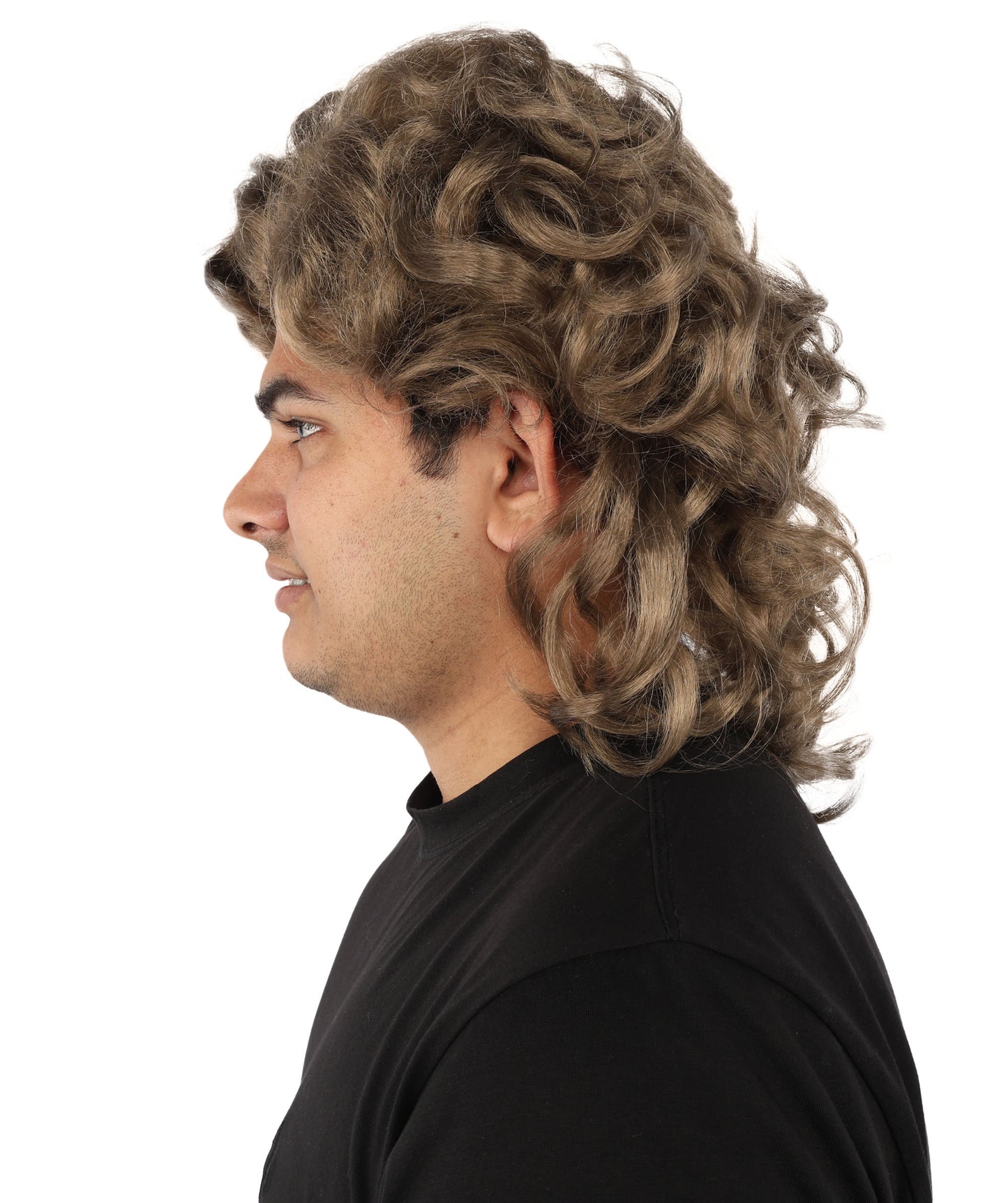 HPO Men’s 80s Light Brown Curly Mullet Wig | Flame-retardant Synthetic Fiber | Retro Movie Character Inspired Hairpiece for Cosplay & Halloween