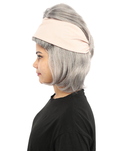 HPO Women’s 14” Grey Beehive Wig with Beige Headwrap | Capless Synthetic Hairpiece | Inspired Look for Halloween Cosplay and Party Events