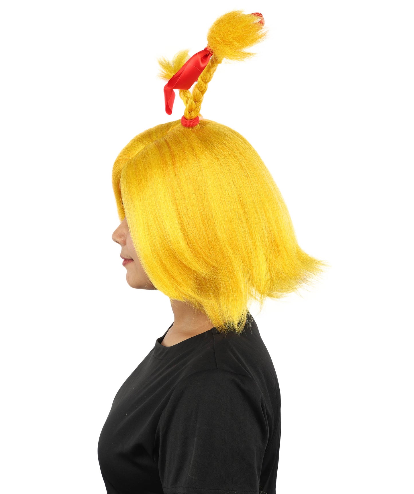 HPO Women's Triple Antenna Bow Wig | Yellow synthetic fibers with structural upright braids red ribbons and capless base | Essential for theatrical stage drag performance costume events and party
