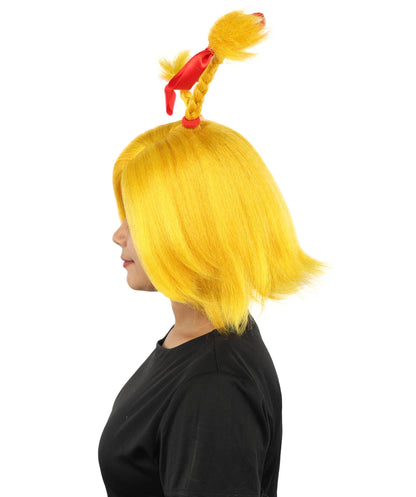 HPO Women's Triple Antenna Bow Wig | Yellow synthetic fibers with structural upright braids red ribbons and capless base | Essential for theatrical stage drag performance costume events and party