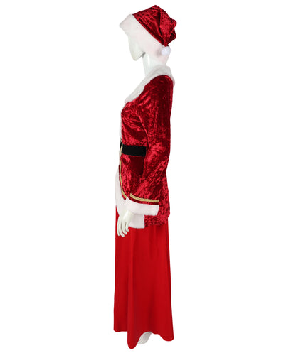 HPO Women’s Festive Holiday Costume Set | Red Velvet Dress with White Faux Fur Trim & Matching | Adjustable Fit | For Christmas Parties, Cosplay & Seasonal Events
