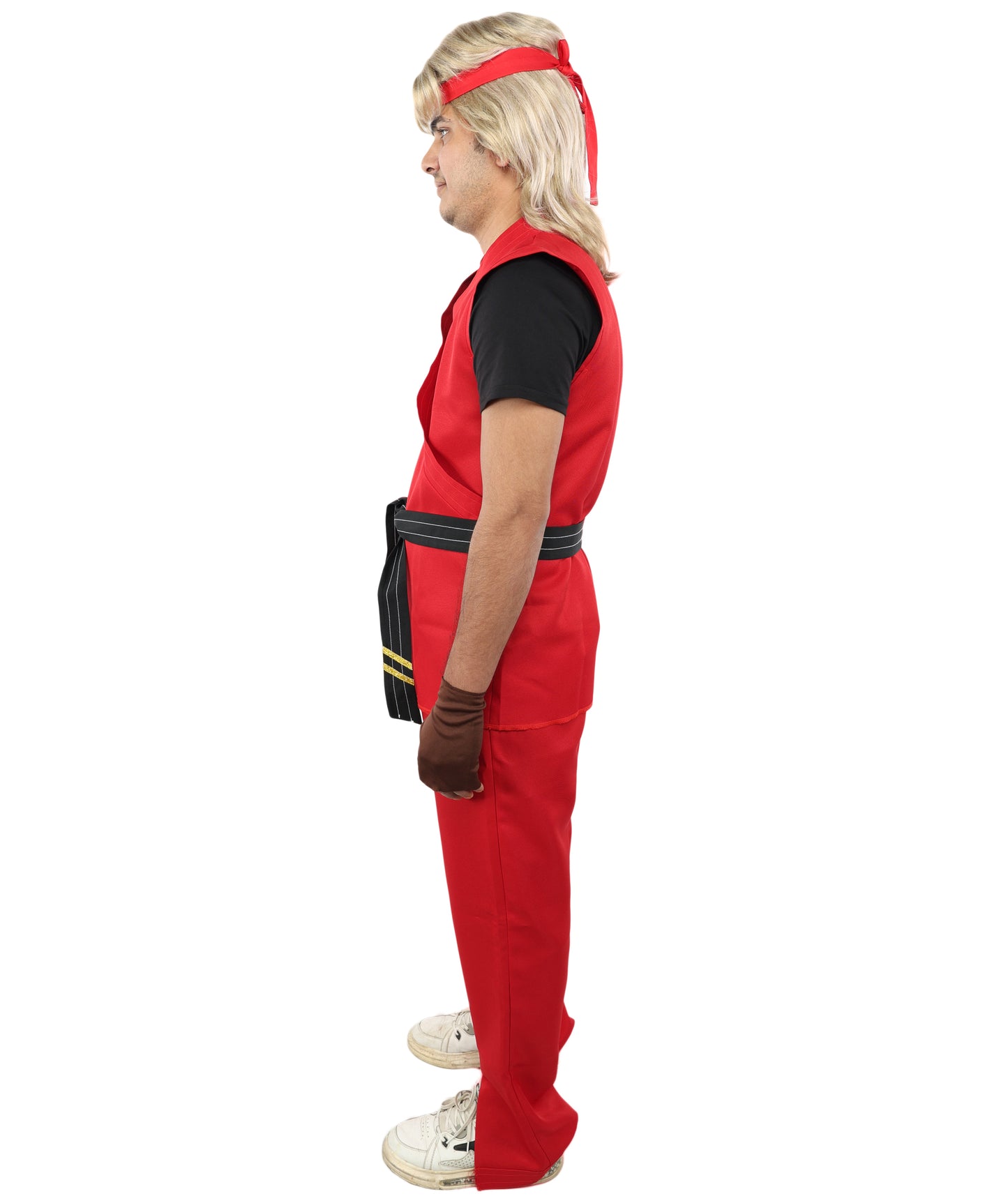 HPO Men Martial Arts Fighter Outfit | Red Gi Costume with Belt, Headband & Gloves, Body | Video Game Fighter costume For Cosplay & Themed Battle Events
