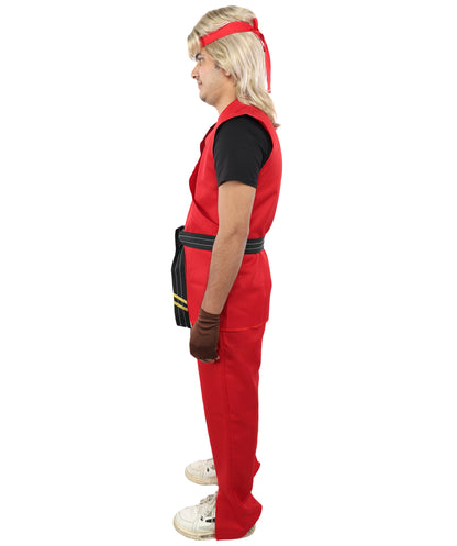 HPO Men Martial Arts Fighter Outfit | Red Gi Costume with Belt, Headband & Gloves, Body | Video Game Fighter costume For Cosplay & Themed Battle Events