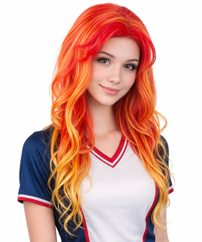 Women's Red and Yellow Color Wavy Long Length Trendy Flaming Beauty Wig
