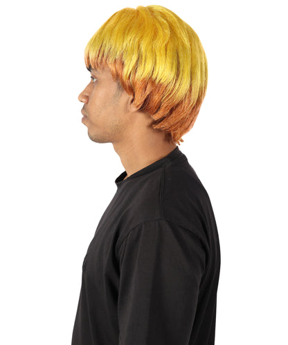 HPO Adult Men's Anime-Inspired Light Golden Yellow Blonde Highlight Spiky Cosplay Men Wig | Short Layered Hair Wig with Lightning Style for Halloween and Conventions