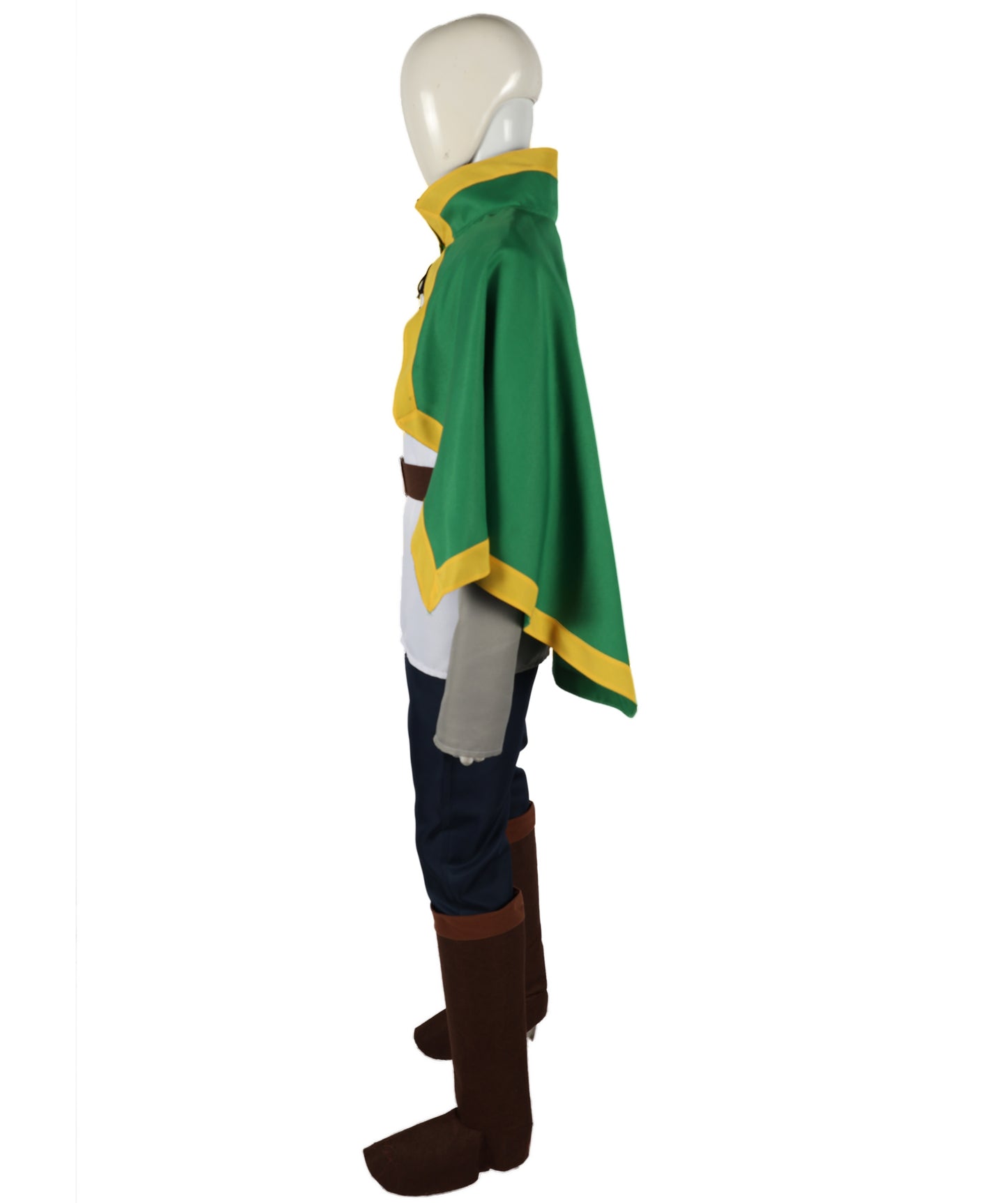 Fantasy Adventurer Roleplay Suit | Green and white uniform tricote construction featuring a koti capelet, body shirt, pants, belt, and leg socks | Ideal for party, Halloween, cosplay, theater, drag, performance, costume events