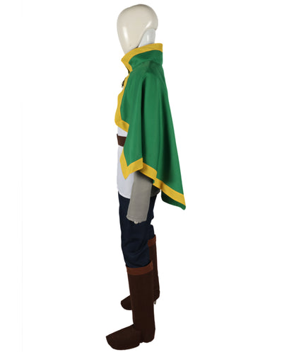 Fantasy Adventurer Roleplay Suit | Green and white uniform tricote construction featuring a koti capelet, body shirt, pants, belt, and leg socks | Ideal for party, Halloween, cosplay, theater, drag, performance, costume events