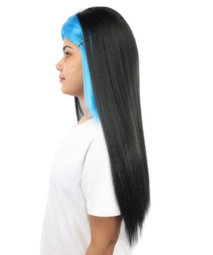 HPO Women’s Black & Royal Blue Long Marji-Inspired Wig with Soft Front Bangs | Art School Cosplay Wig | Breathable Synthetic Fiber for Halloween & Costume