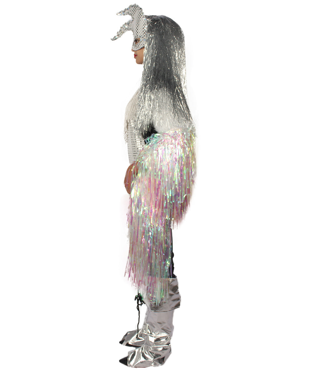 HPO Unisex Silver Holographic Long Tinsel Jacket Costume Bundle with Silver Tinsel Wig