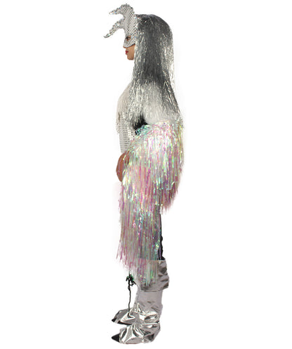 HPO Unisex Silver Holographic Long Tinsel Jacket Costume Bundle with Silver Tinsel Wig