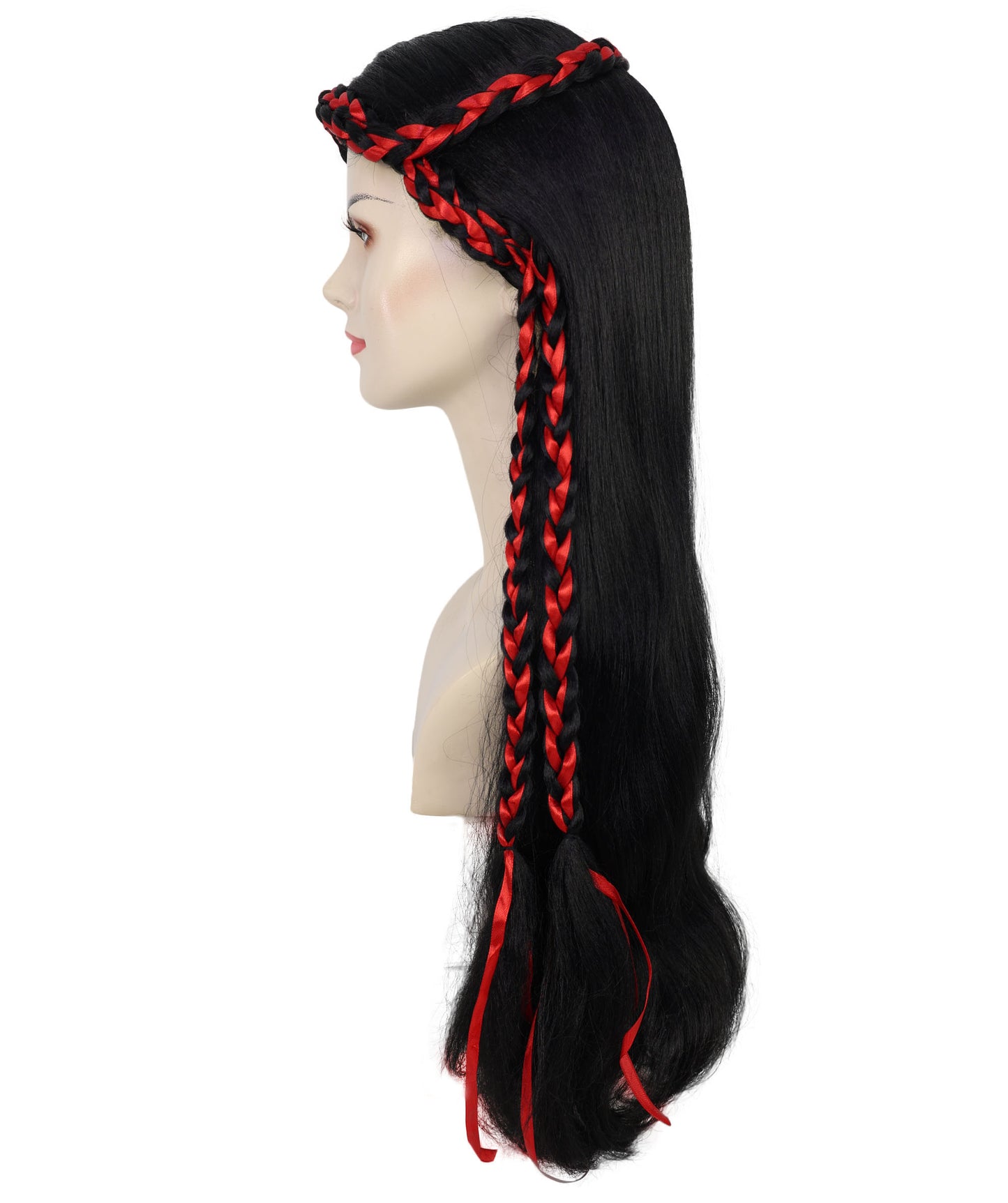 Women’s Long Black Wavy Wig with Red Braided Accents | Ideal for Halloween | Breathable Capless Cap