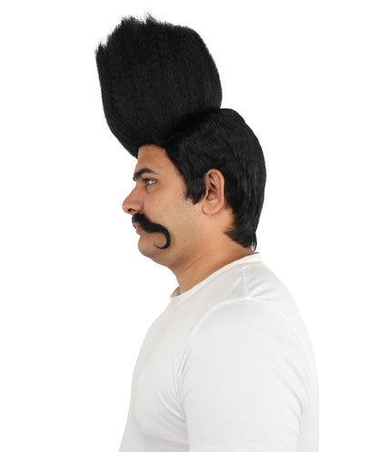 HPO Men's Tall Flat Top Wig and Mustache | Vertical Dark Pompadour with Long Handlebar Facial Hair, Synthetic Fiber & Breathable Net | Halloween, Carnival, Stage Performance & Roleplay