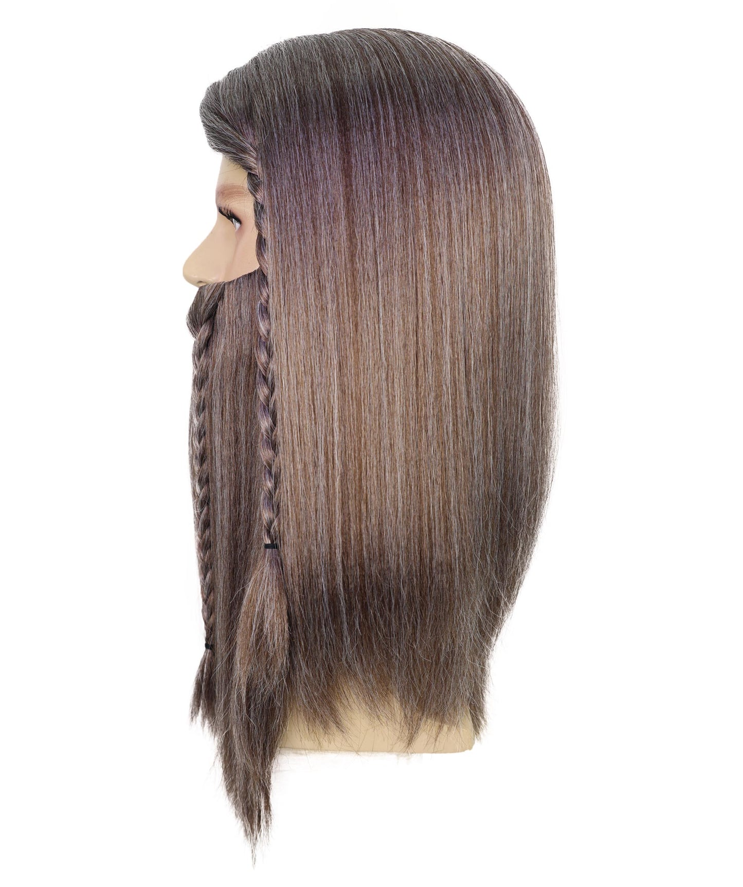 HPO Men’s Deluxe Long Wig & Beard Mustache Set | Ash Brown Braided Viking Style Costume Hair | Ideal for Halloween | Breathable Capless Cap