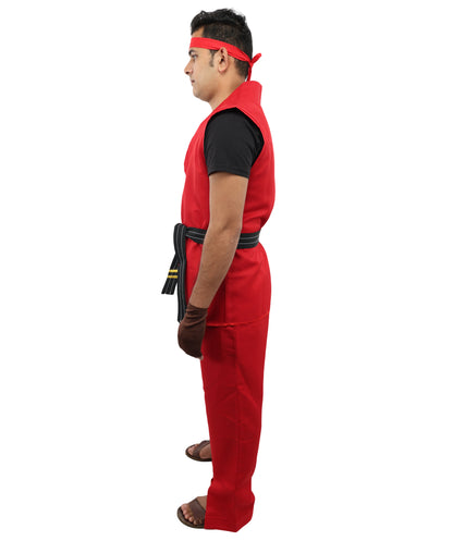 HPO Men Martial Arts Fighter Outfit | Red Gi Costume with Belt, Headband & Gloves, Body | Video Game Fighter costume For Cosplay & Themed Battle Events