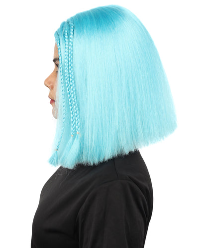 HPO Celebrity-Style 11 Inch Green Rooted Blonde Front Braided Straight Wig | Shoulder-Length Fun, Bold, and Stylish Hairpiece  | Ideal for Halloween, Cosplay, and Themed Parties