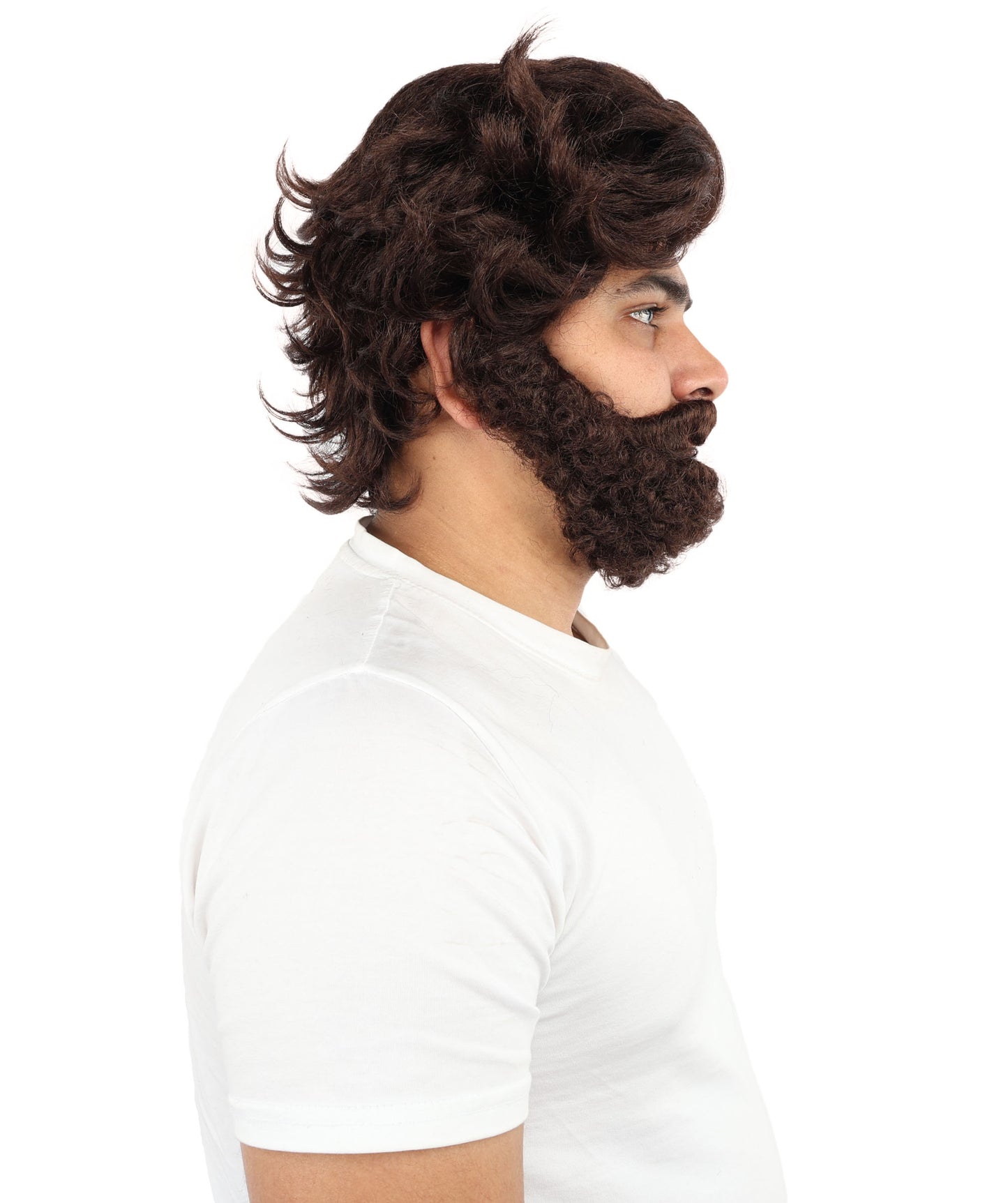 HPO Men’s Brown Wig with Moustache & Beard Set | Complete Wigs and Facial Hair Set | Costume Styling for Theme Events, Parties & Stage Roles