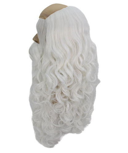HPO Men's White Santa Wig and Beard Set – Fake Mustache, Long Beard & Eyebrows | Christmas Character Accessories for Stage, Cosplay & Holiday Dress-Up