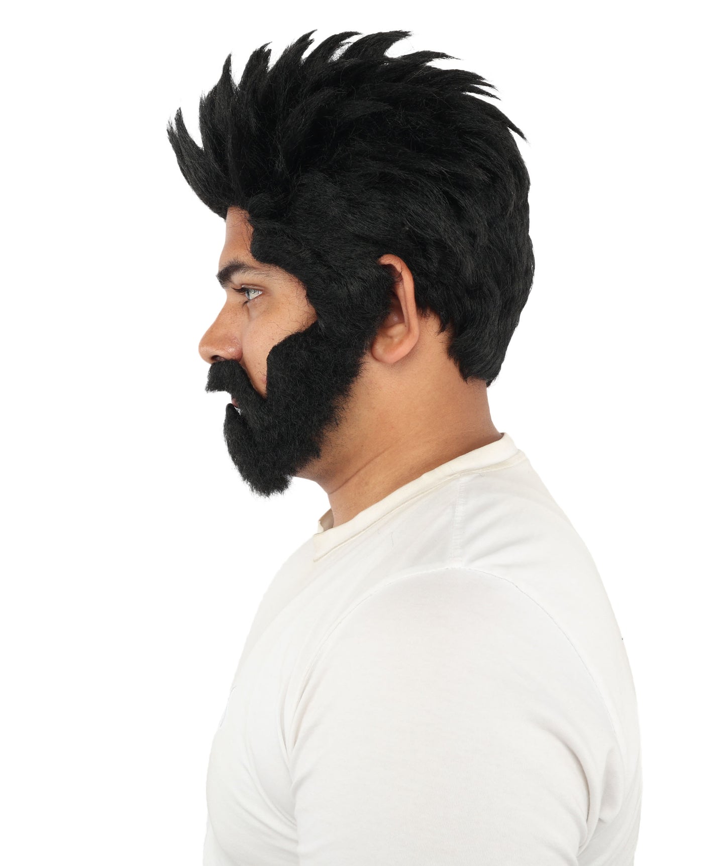 HPO Men’s Animated Genius Spiky Wig Beard & Mustache Set  – Wild Mad Scientist Pointed Beard & Curled Mustache Combo | Ideal for Animated Cosplay, Halloween Parties & Events
