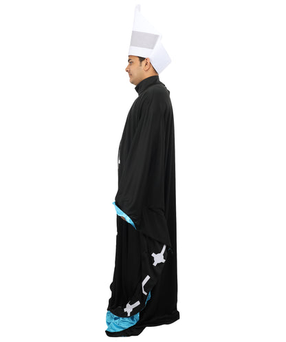 HPO Men's Satanic Pope Costume | Ghostly Grim Clergy Black Robe Teal Satin Lining Inverted Cross Mitre Hat | Halloween Dark Metal Rock Cosplay Stage Performance Wardrobe Piece