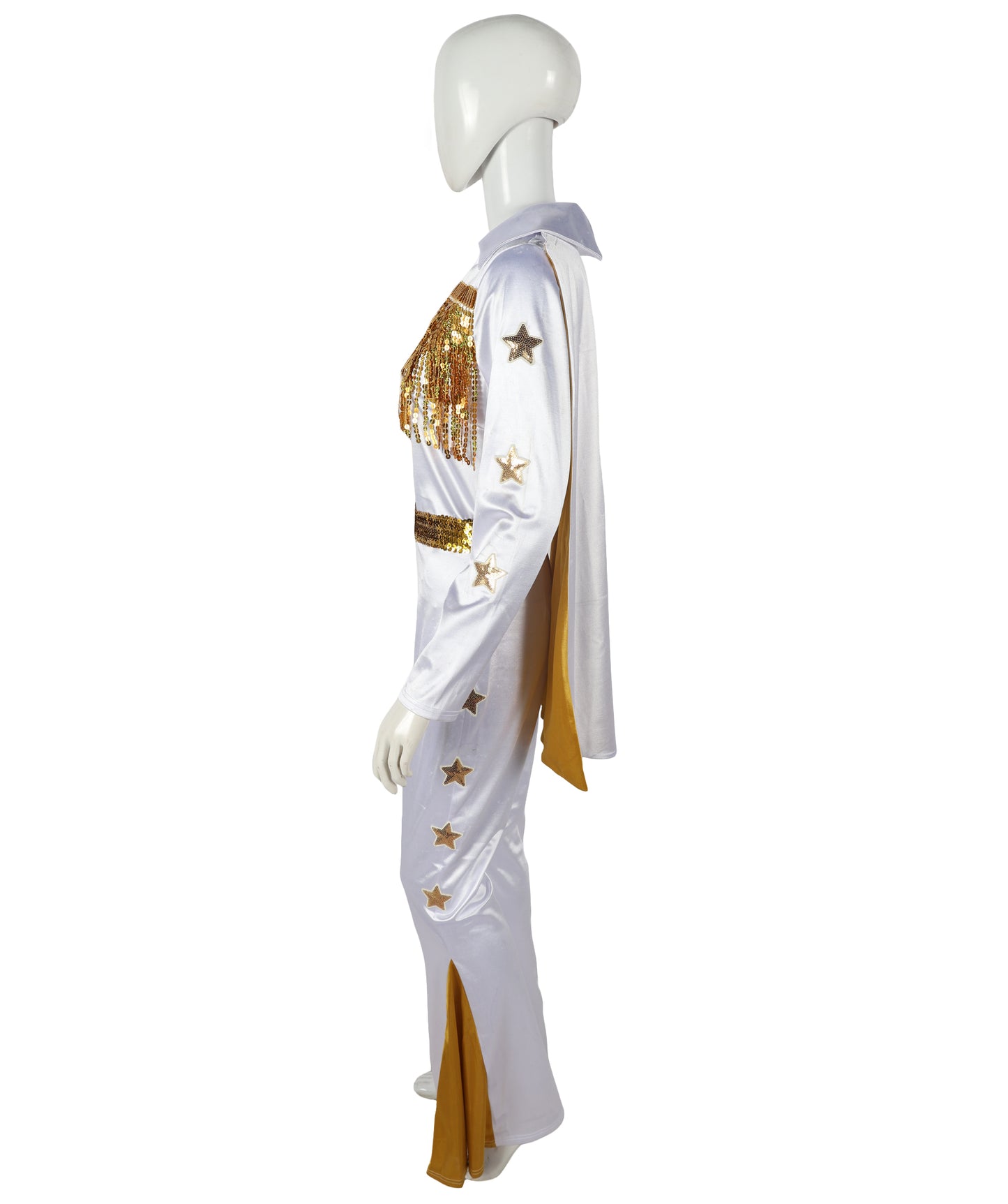 HPO Adult Women’s Elvis Jumpsuit Costume Set | Sparkling Rhinestone-Studded White Jumpsuit with Flared Legs & Matching Cape | Adjustable Fit | For Halloween Themed Events