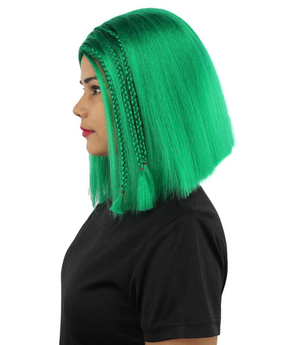 HPO Celebrity-Style 11 Inch Green Rooted Blonde Front Braided Straight Wig | Shoulder-Length Fun, Bold, and Stylish Hairpiece  | Ideal for Halloween, Cosplay, and Themed Parties