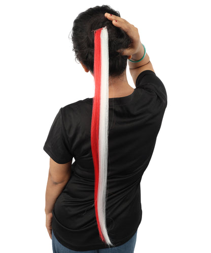 HPO Women's International Clip-in Hair Extension | Sleek straight red and white synthetic fibers featuring a secure snap attachment | Ideal for party, Halloween, cosplay, theater, drag, performance, costume events