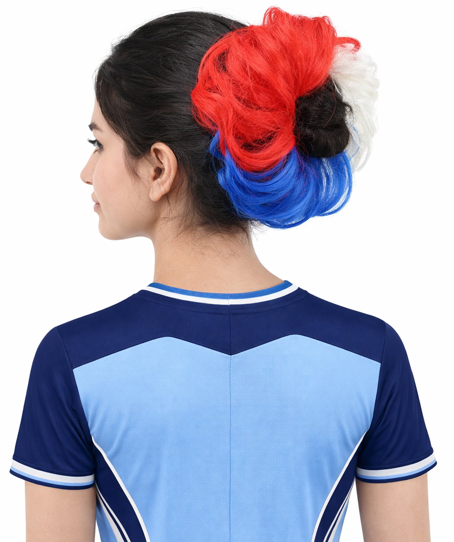 HPO Women's Patriotic Flag Hair Scrunchie | Multilayered synthetic hair texture with round elastic construction | Ideal for party, Halloween, cosplay, theater, drag, performance, costume events