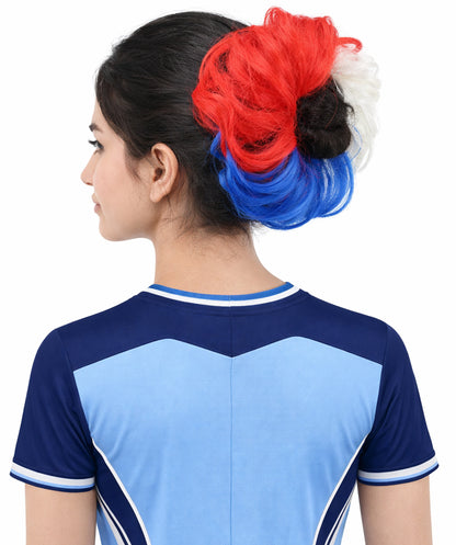 HPO Women's Patriotic Flag Hair Scrunchie | Multilayered synthetic hair texture with round elastic construction | Ideal for party, Halloween, cosplay, theater, drag, performance, costume events