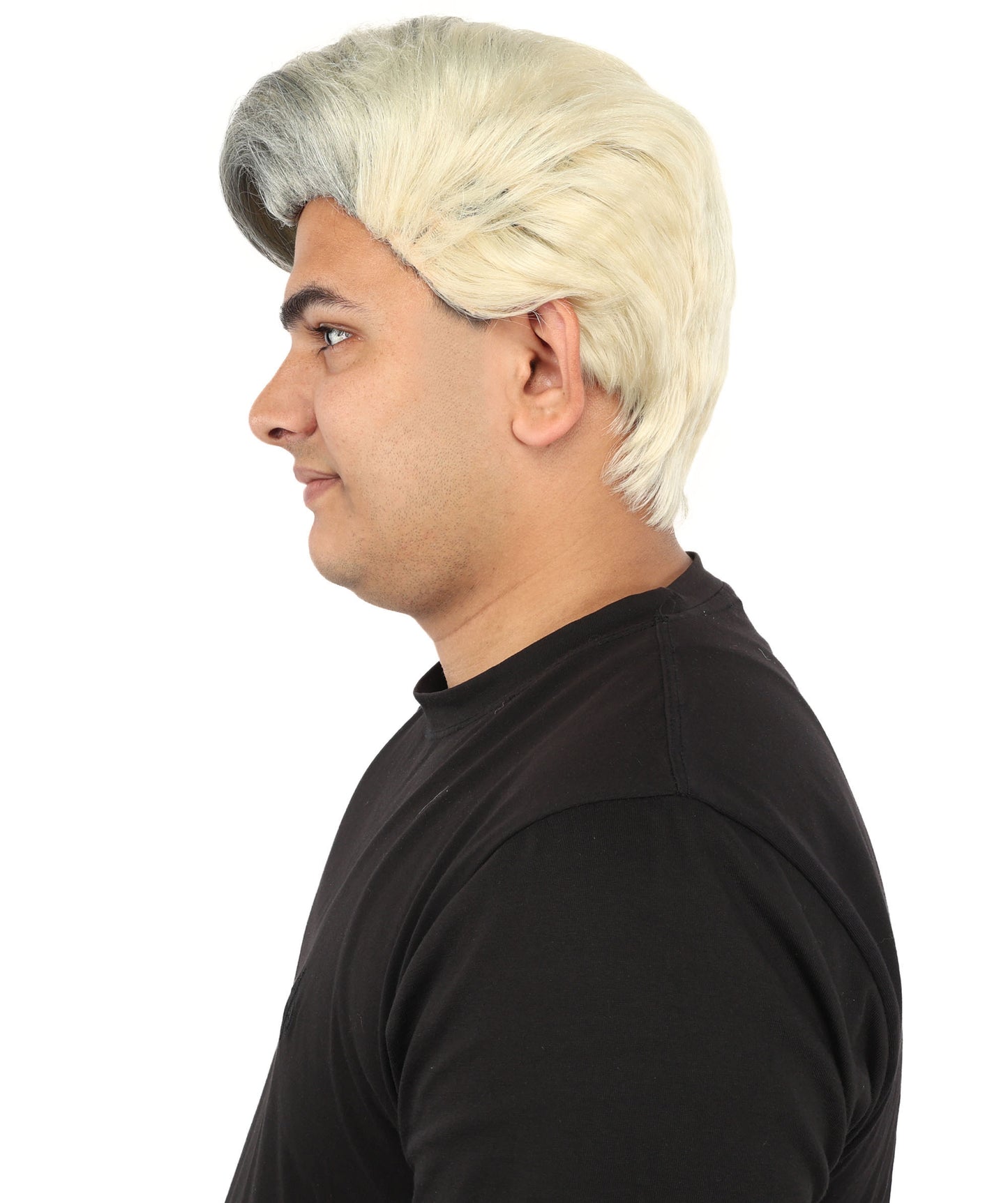 HPO Men's Sleek Updo Theatrical Wig | Icy silver tone, create of synthetic fiber, striking swept front volume, breathable base | Party, Halloween, theater, drag, performance, costume events