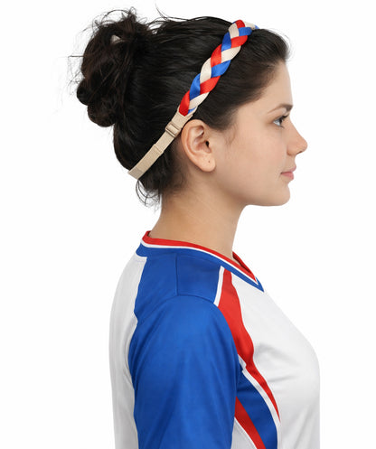 HPO Women's Multinational Braided Hairband | Textured red, white, and blue synthetic fibers woven into a twisted headband with elastic backing | Ideal for party, Halloween, cosplay, theater, drag, performance, costume events