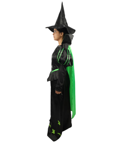 HPO Shadow Valley Witch Costume | Black & Green Long Dress with Pointed Hat | Dark Fantasy Witch Outfit for Halloween, Cosplay & Stage Events