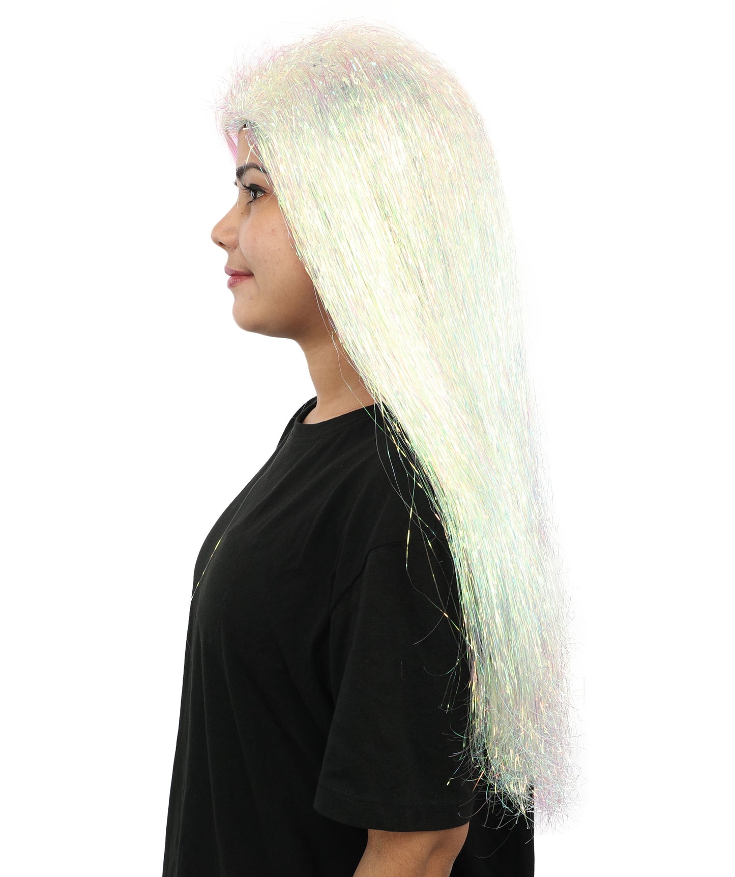 HPO Women's White Sparkling Cosplay Wig | Long Layered Synthetic Wig for Halloween Parties, Festivals, s, and Roleplay