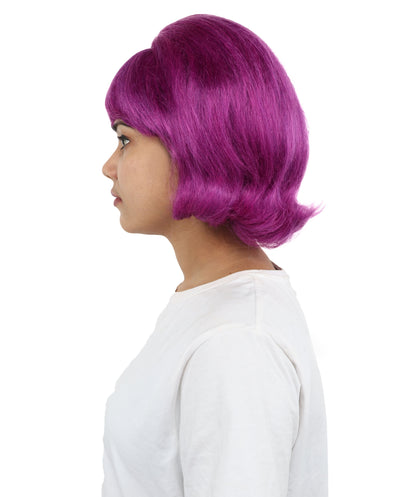 HPO Women’s 60s Flip Purple Wig with Bangs | Short Retro Hairstyle with Outward Curls | Vintage Costume Hairpiece for Halloween, Cosplay, Parties & Stage