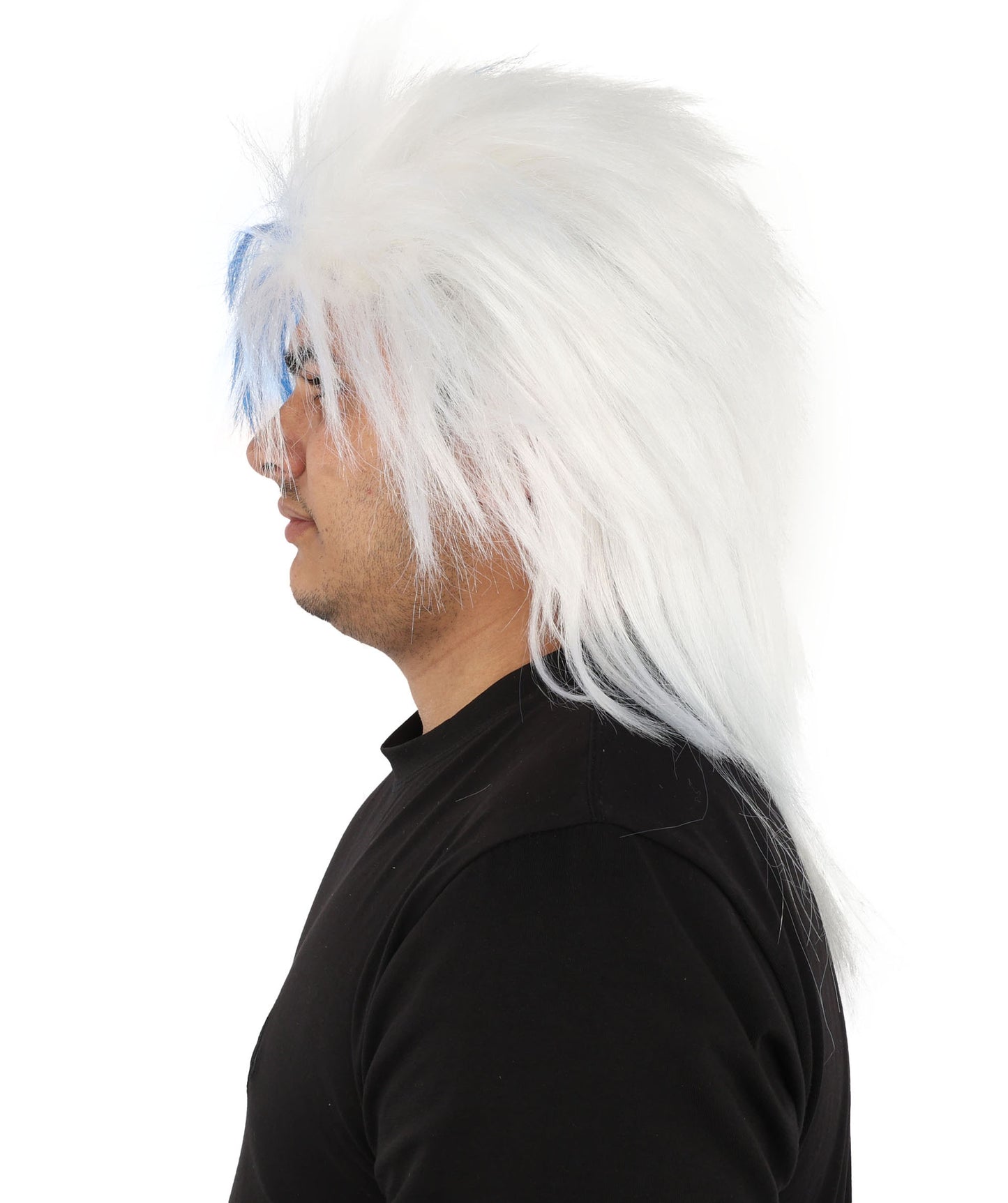 HPO Men's Two Tone Spirit Wig | Blue and White Messy Mullet Flame-retardant Synthetic Fiber | Halloween Themed Party Baseball Stadium Accessory