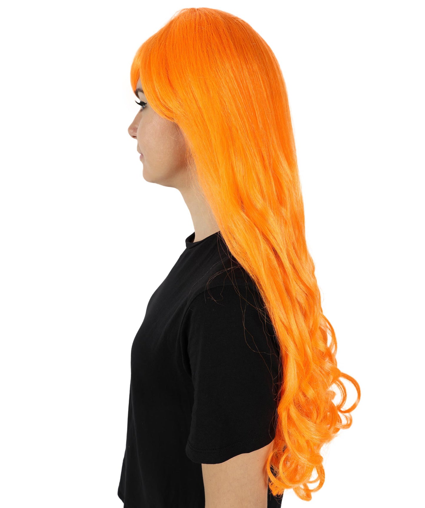 HPO Women's Multicolor Long Curly Wig with Fringe, Flame-retardant Synthetic Fiber