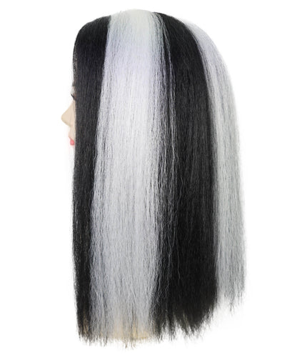 HPO Women’s Sinister-Inspired Long Black & White Wig | Dramatic Halloween Hairstyle | Breathable Capless Cap