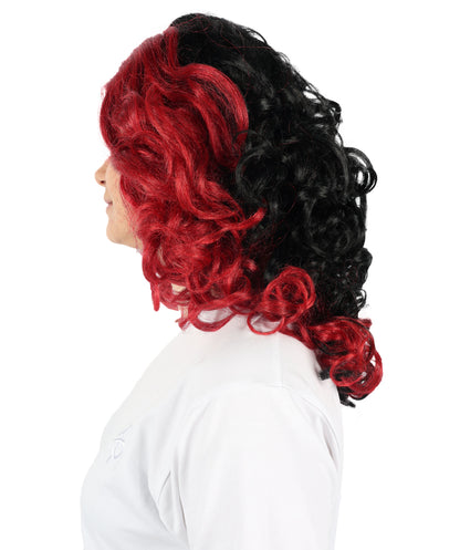 HPO Women’s Day of the Dead 17-Inch Black and Red Curly Wig with Flower | Halloween & Cosplay Wig | Flame-retardant Synthetic Fiber