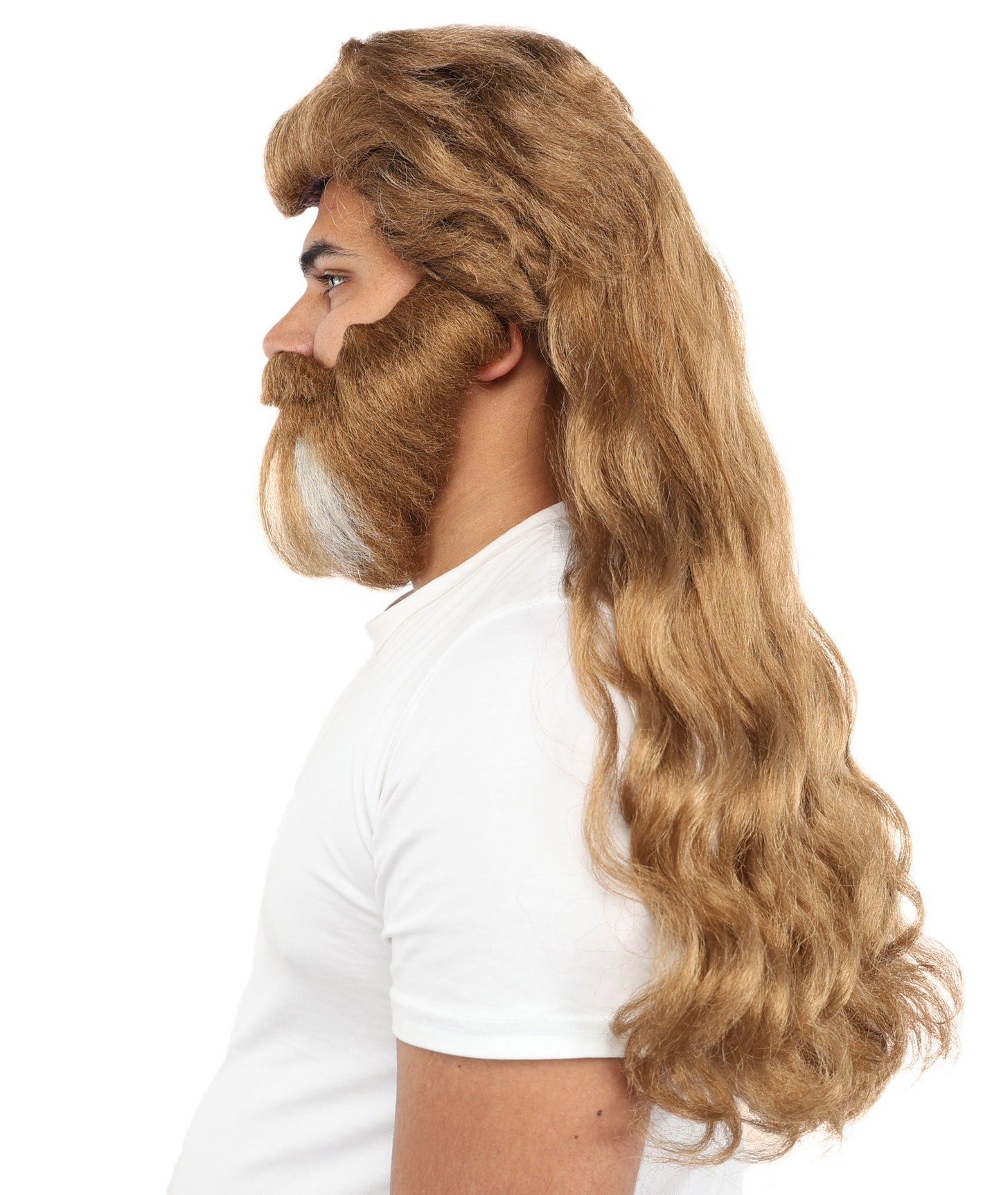 HPO Men’s Long Wavy Brown & White Mixed Wig Beard & Mustache Set – Royal Hairpiece with Adjustable Cap | Ideal for Historical Reenactment, Stage & Cosplay