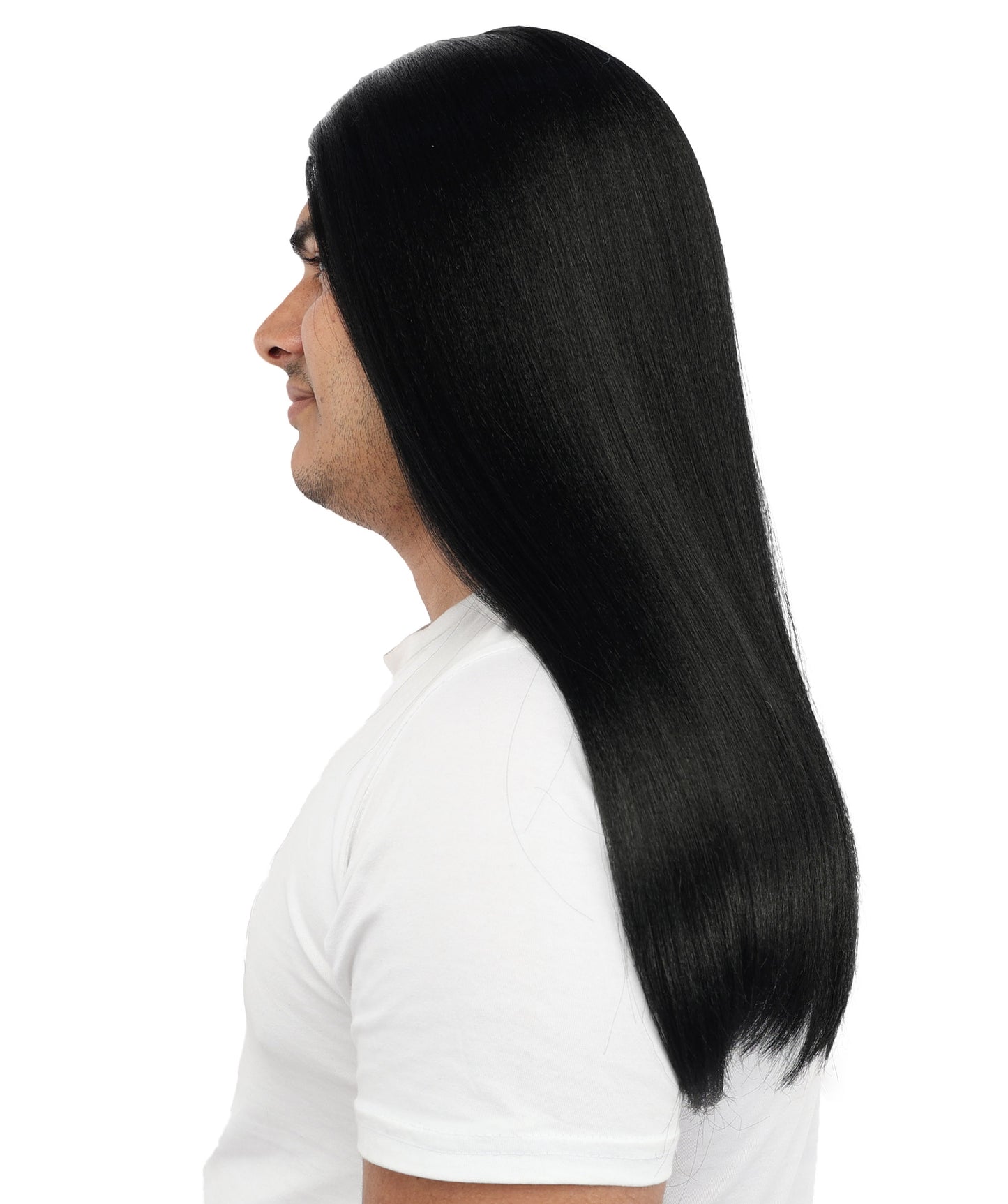 HPO Men’s Middle Part Black Straight Wig | High Heat-Resistant Synthetic Hair | Sleek Rock Star Style for Cosplay, Stage & Halloween