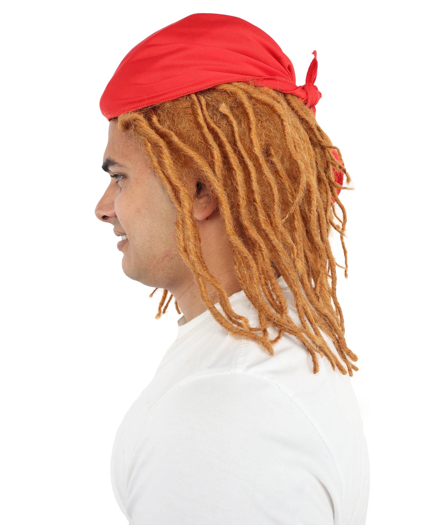 HPO Men's 14 Inch Brown Dreadlock Wig with Red Bandana | Flame-retardant Synthetic Fiber | Lightweight Capless Design for Halloween and Cosplay