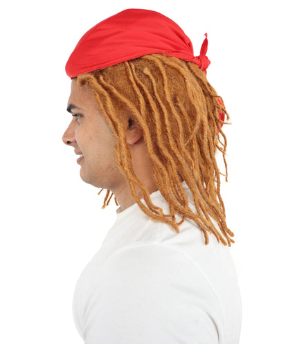 HPO Men's 14 Inch Brown Dreadlock Wig with Red Bandana | Flame-retardant Synthetic Fiber | Lightweight Capless Design for Halloween and Cosplay