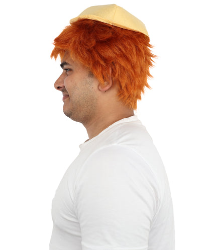 HPO Men's 10 Inch Auburn Wig with Yellow Hat | Short Tousled Style Lightweight Capless Cap | Ideal for Cosplay, Theater & Dress-Up Events