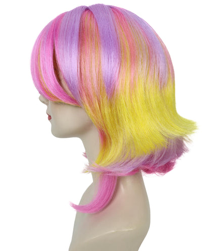 HPO Adult Women’s Pastel Pink and Yellow Gradient Short Layered Bob Cut Wig | Flame-retardant Synthetic Fiber | Flipped Ends Wig for Halloween and Cosplay