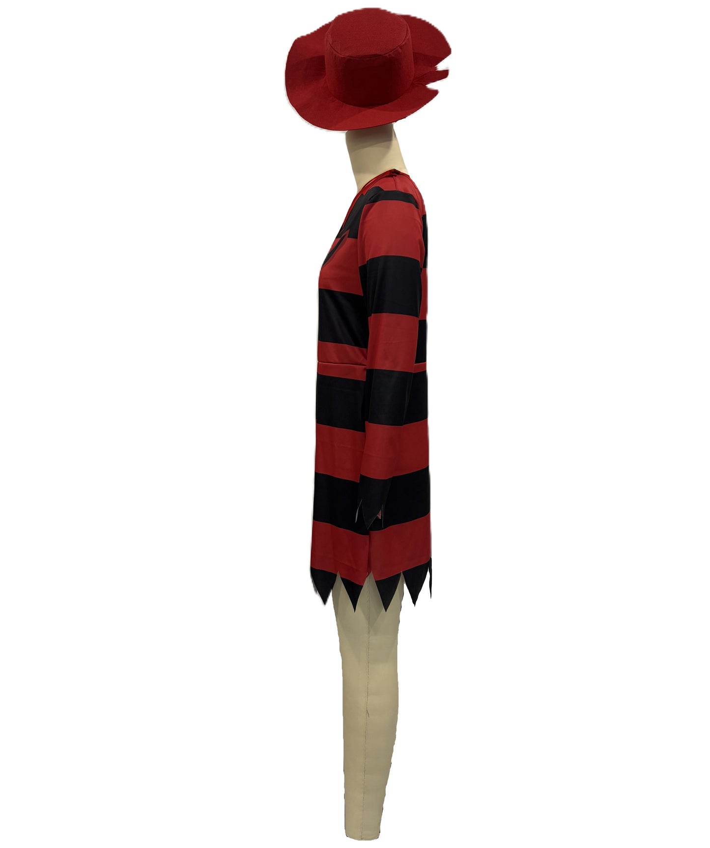 HPO Women's Striped Nightmare Costume | Two Tone Horizontal Patterned Tricot Jersey Dress With Classic Fedora Hat Accent | Halloween Cosplay Theater Drag Performance Costume Events