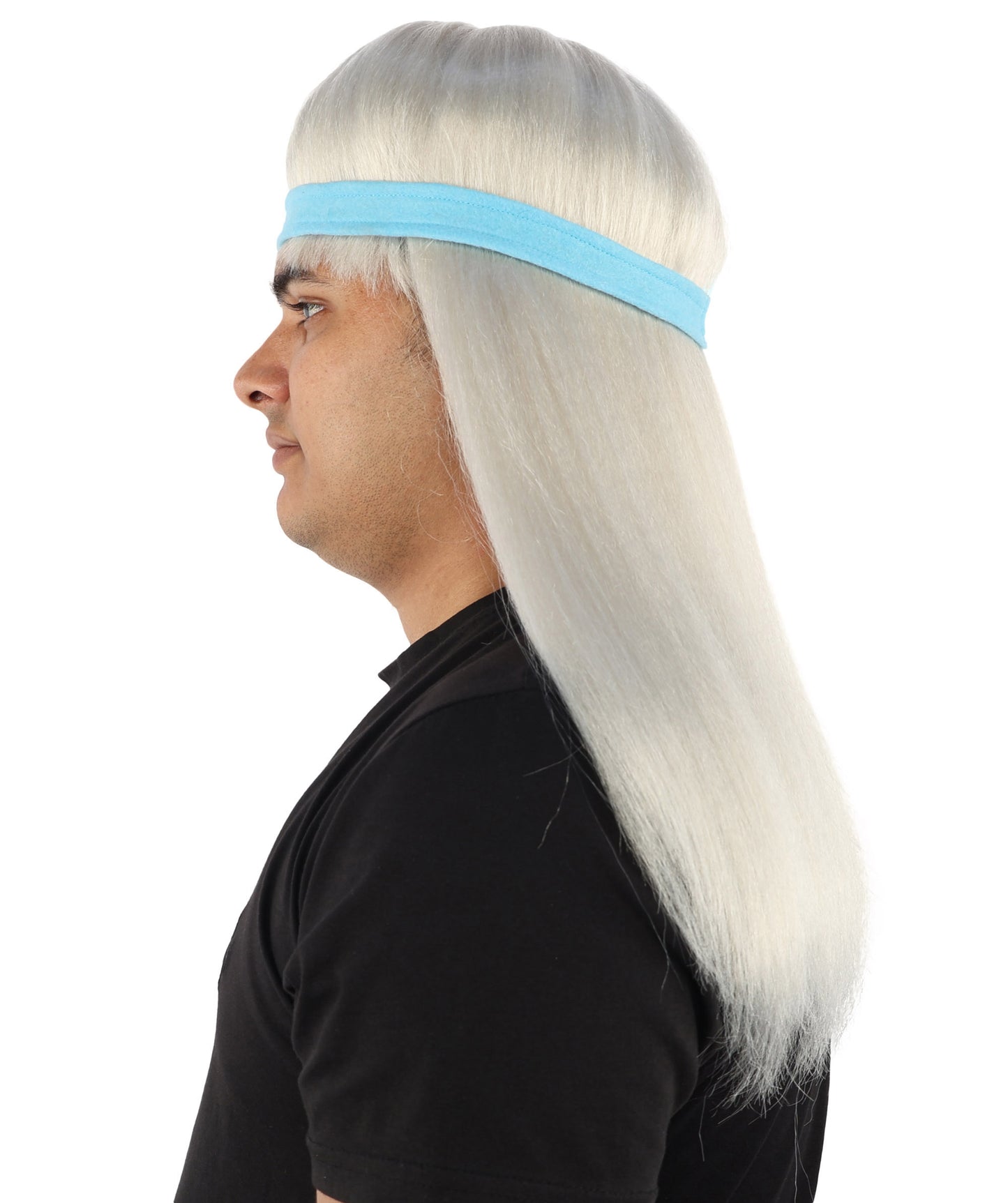 HPO Men's Long Auburn Wig with Headband | Straight Reddish Texture with Blunt Bangs & Included Teal Band, Heat Resistant Fiber | Halloween, Troll Roleplay, Fantasy Party, Carnival & Theater