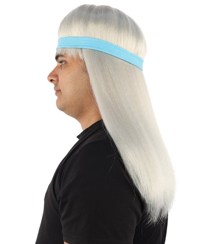 HPO Men's Long Auburn Wig with Headband | Straight Reddish Texture with Blunt Bangs & Included Teal Band, Heat Resistant Fiber | Halloween, Troll Roleplay, Fantasy Party, Carnival & Theater