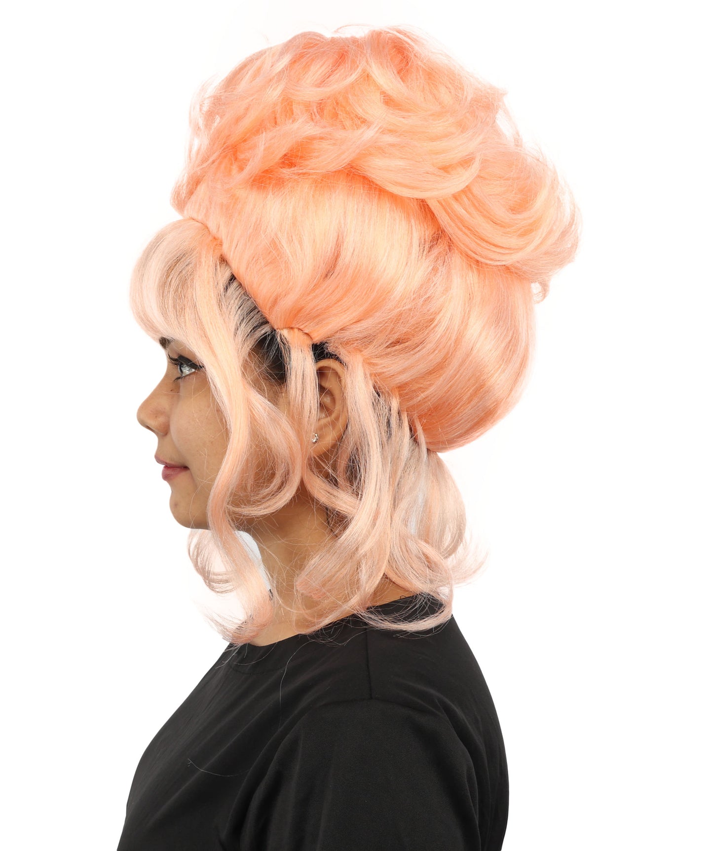 HPO Women's Elegant Updo Tendril Pink Wig | Pastel peach hue, create of synthetic fiber, high teased volume with face-framing strands, breathable capless cap | Party, Halloween, theater, drag, performance, costume events