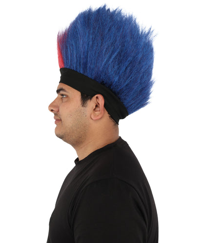 HPO Men's Red and Blue Mohawk Wig | Tall Spiky Texture Flame-retardant Synthetic Fiber Headband Design | Halloween Themed Party Championship Parade Accessory