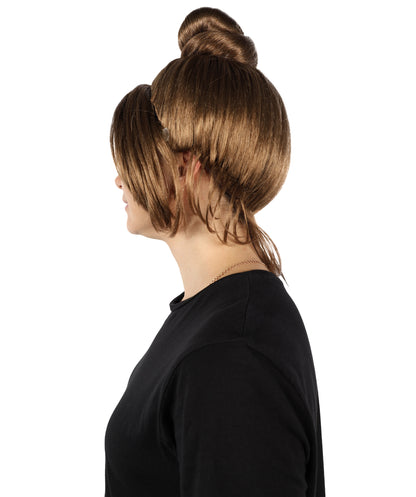 HPO Women’s Gothic Victorian-Style Brown Wig with Messy Bun and Curtain Bangs | Vintage-Inspired Character Wig | Suitable for Cosplay, Halloween, Theater & Costume Events
