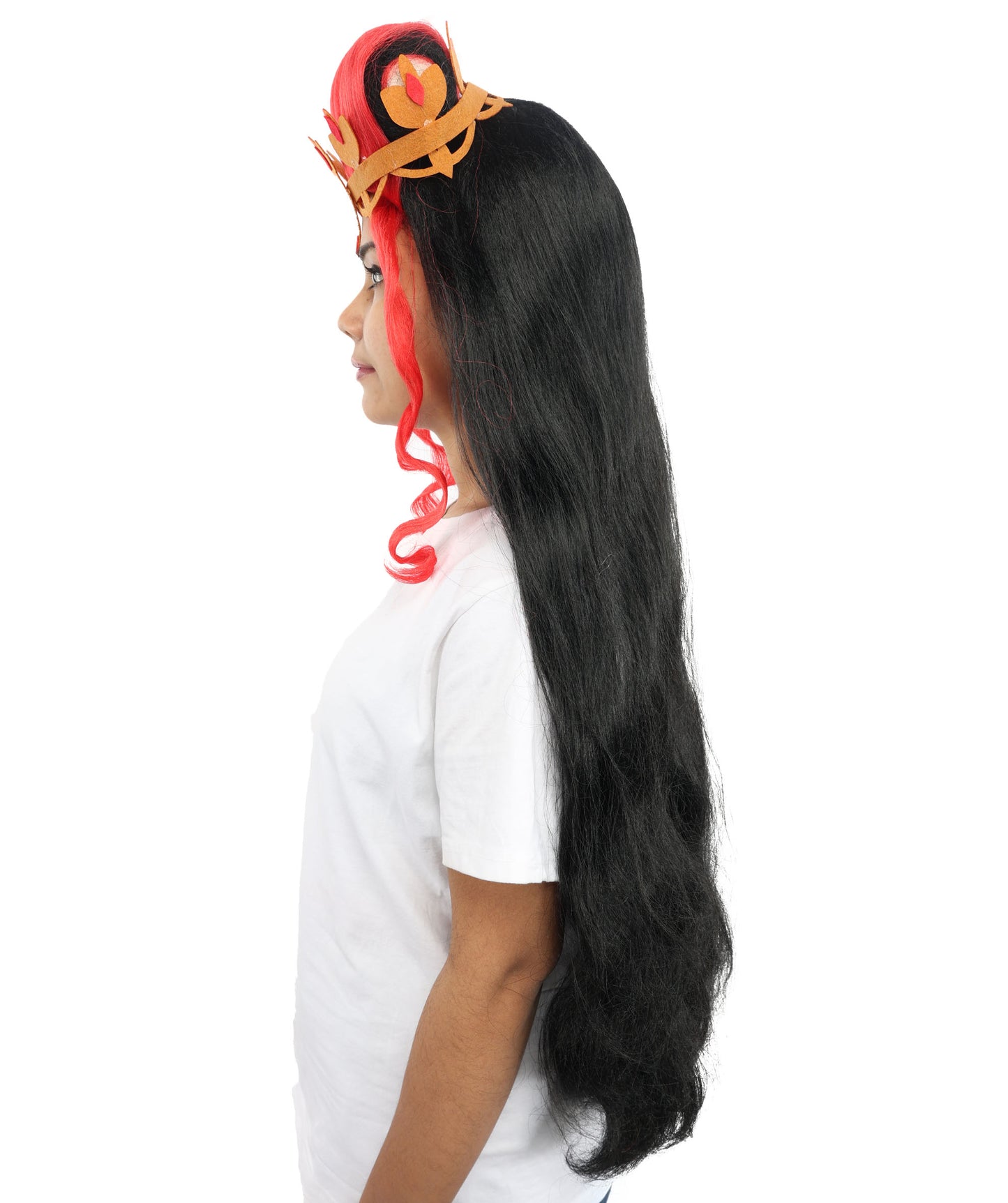 HPO Women’s Black and Red Extra Long Wig – Wavy Cosplay Wig with Braided Crown and Extra Length | Fancy Dress Costume Hairpiece with Adjustable Cap for Parties